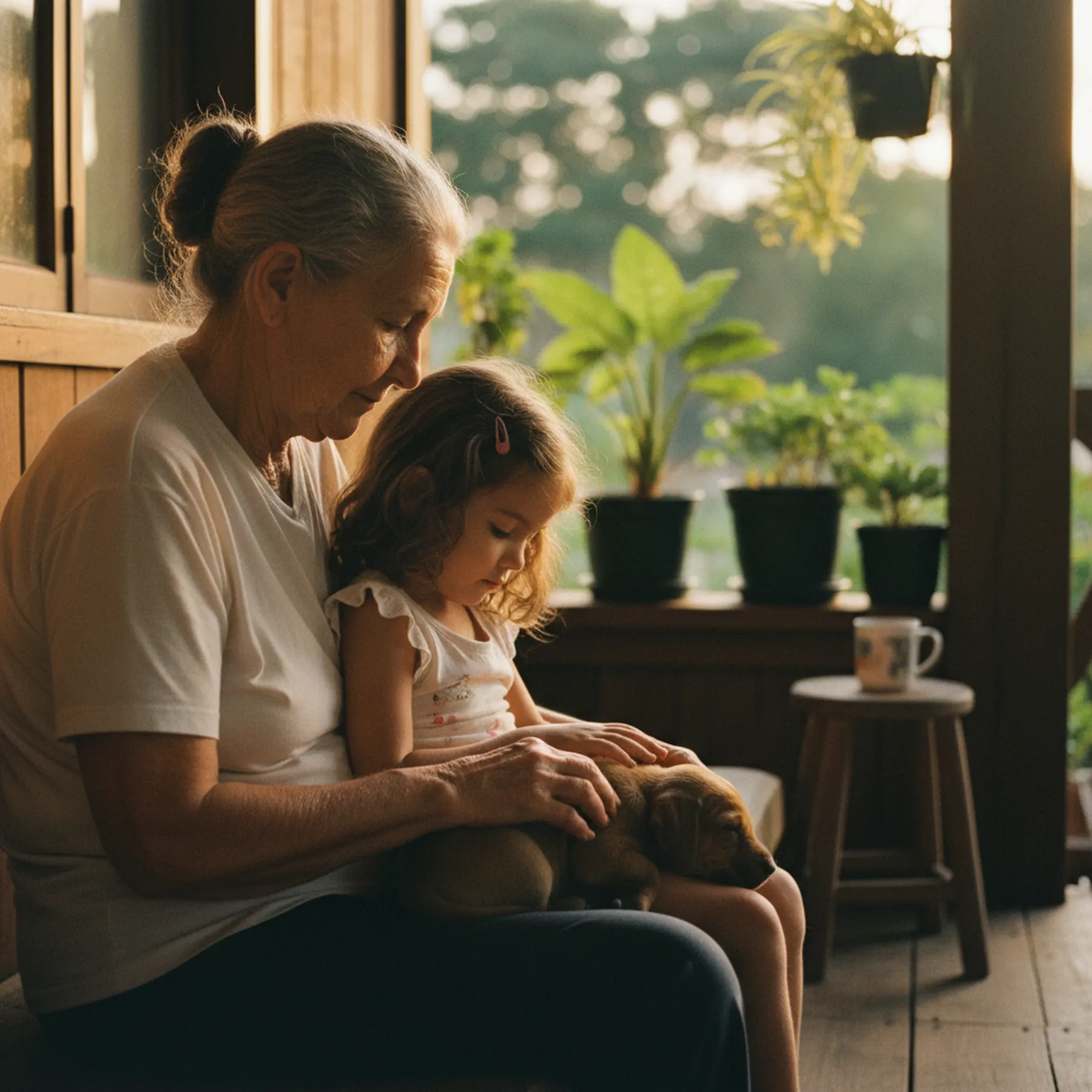 Avó e neta com filhote