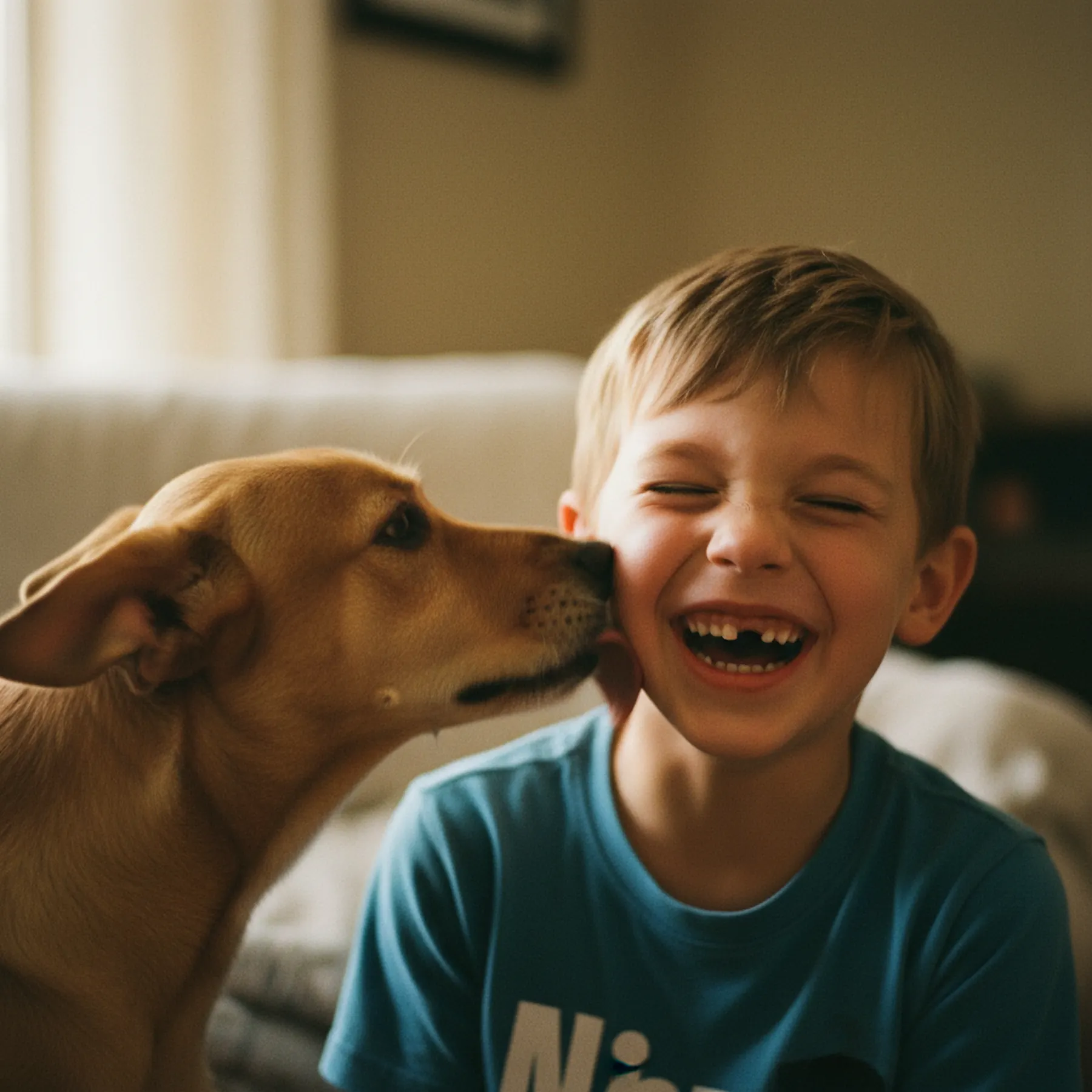Criança rindo com cachorro