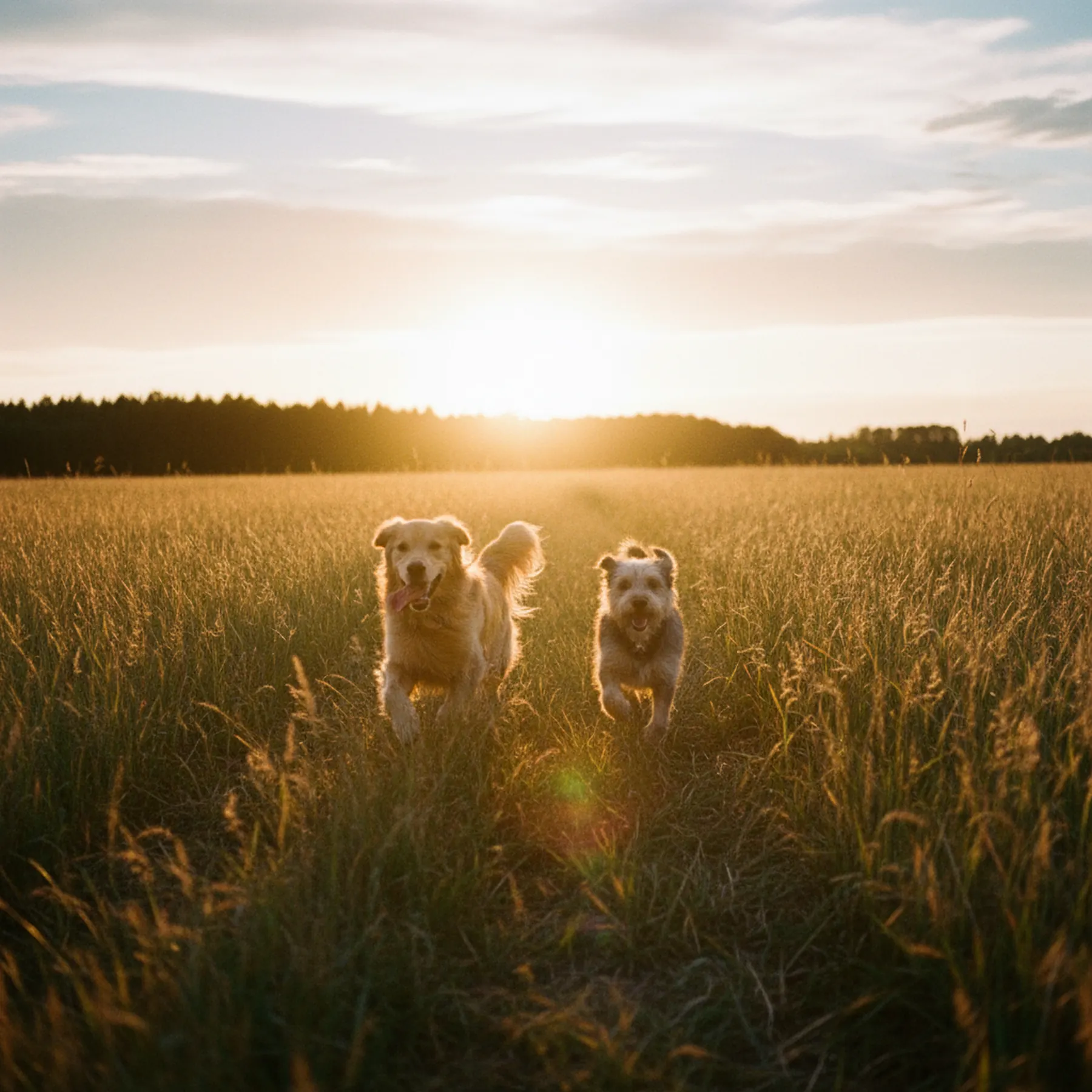 Cães correndo livres ao pôr do sol